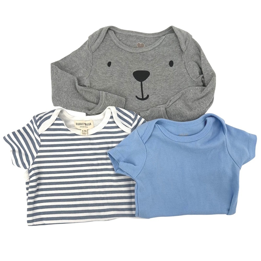 Baby Cotton Bodysuits Bear Striped Blue 3 Pack 6-9 Months Boy Cozy